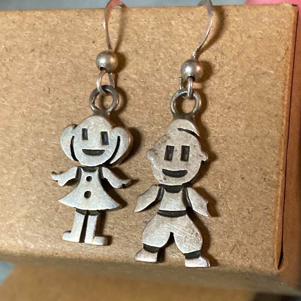 Vintage sterling silver handmade boy & girl dangle earrings stamped 925 Mexico